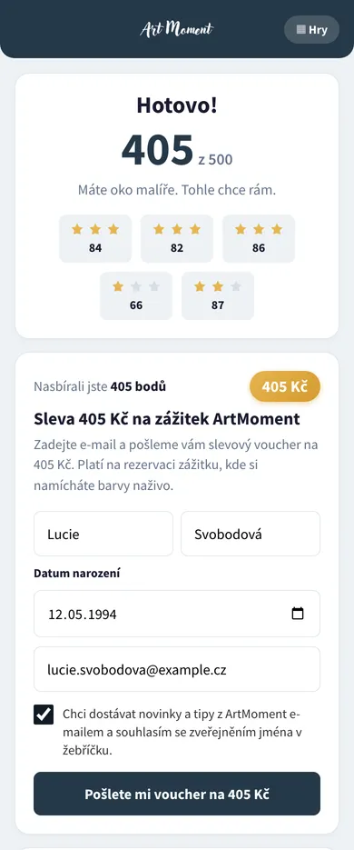 Výsledková obrazovka hry s formulářem pro zaslání slevového poukazu