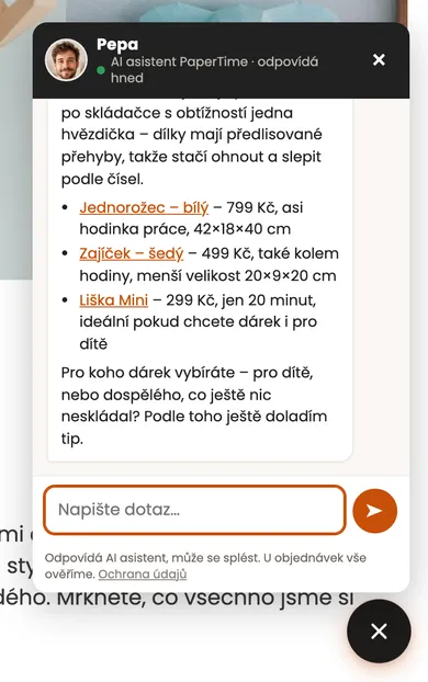 Odpověď AI asistenta Pepa s doporučenými modely pro začátečníky, cenami a odkazy