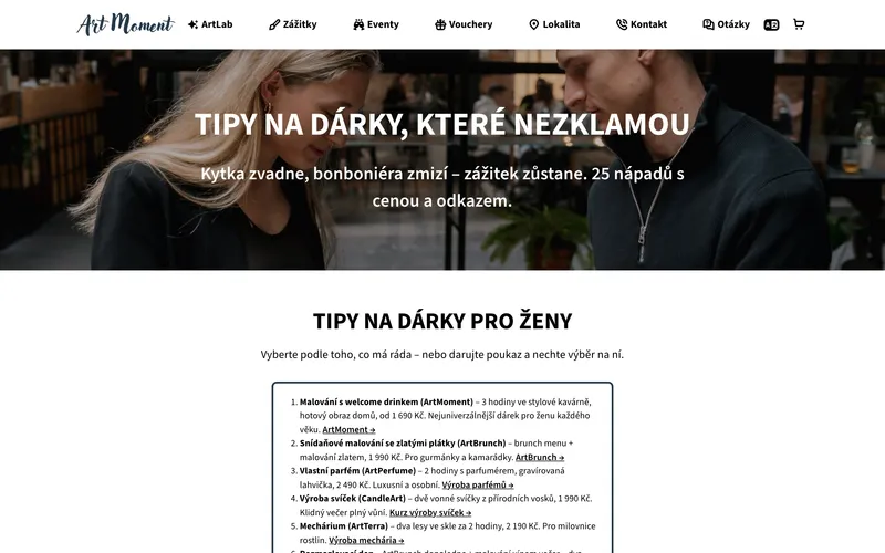 Stránka Tipy na dárky na artmoment.cz vytvořená SEO agentem